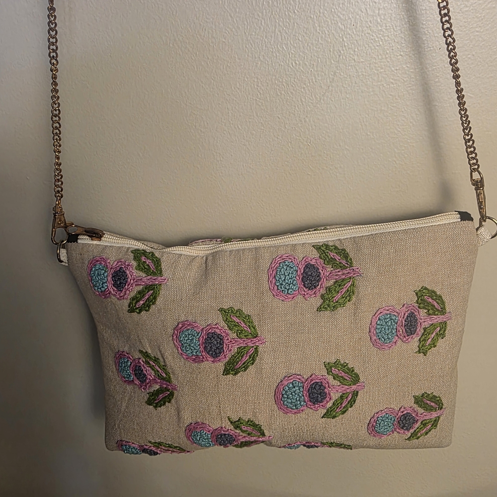 Linen Embroidered Crossbody Bag with Floral Pattern, Boho Style, Chain Strap